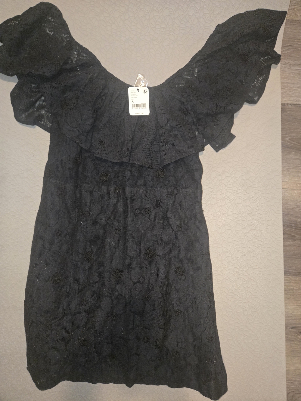 Free People Black Off-Shoulder Lace Mini Dress with Ruffle - Picture 2 of 3